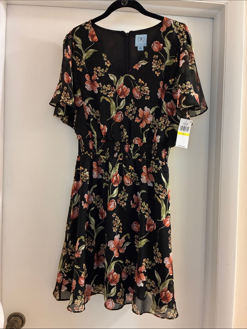 CeCe Black Floral Chiffon Dress with Pink and Green Print